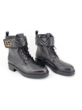 Gucci Marmont GG Black Leather Lace Up Combat Boots Size 41 US 11 Women's